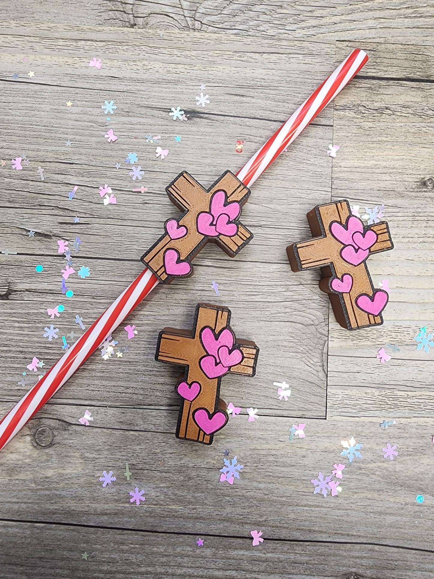 Plastic Brown Wooden Crosses with Pink Heart Straw Topper