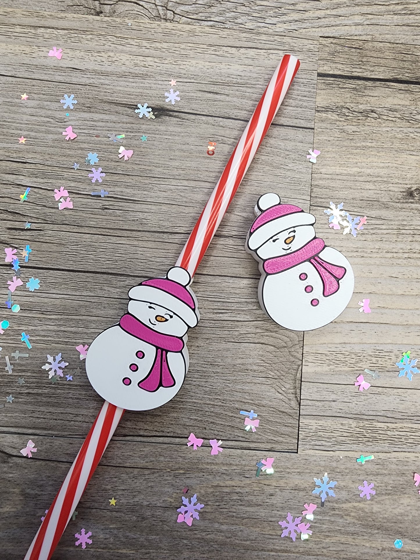 Plastic Snowman with Pink Scarf and Hat Straw Topper