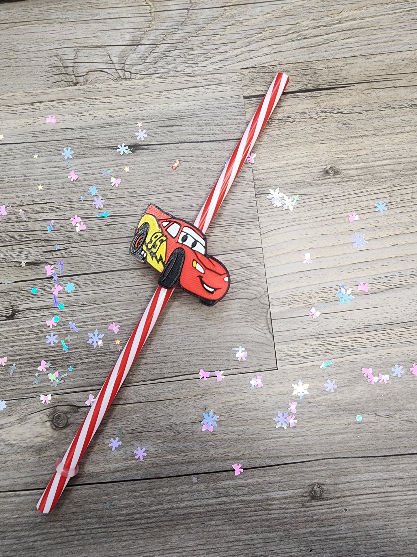 Red Hard Plastic Lightning McQueen Race Car Straw Topper