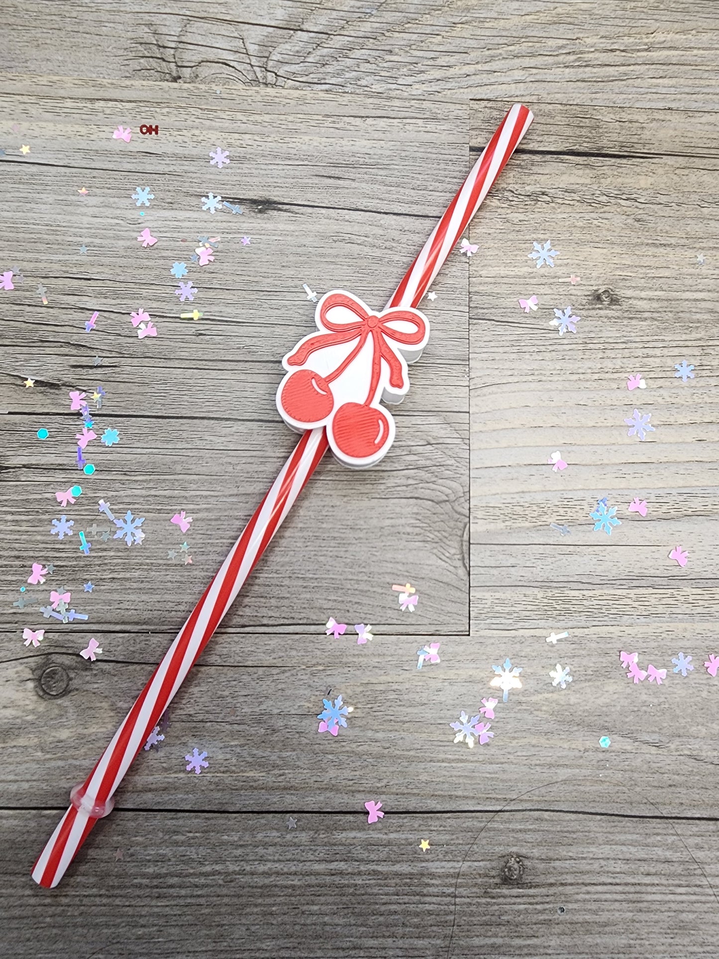 White Bow with Bright Red Cherries Hard Plastic Straw Topper