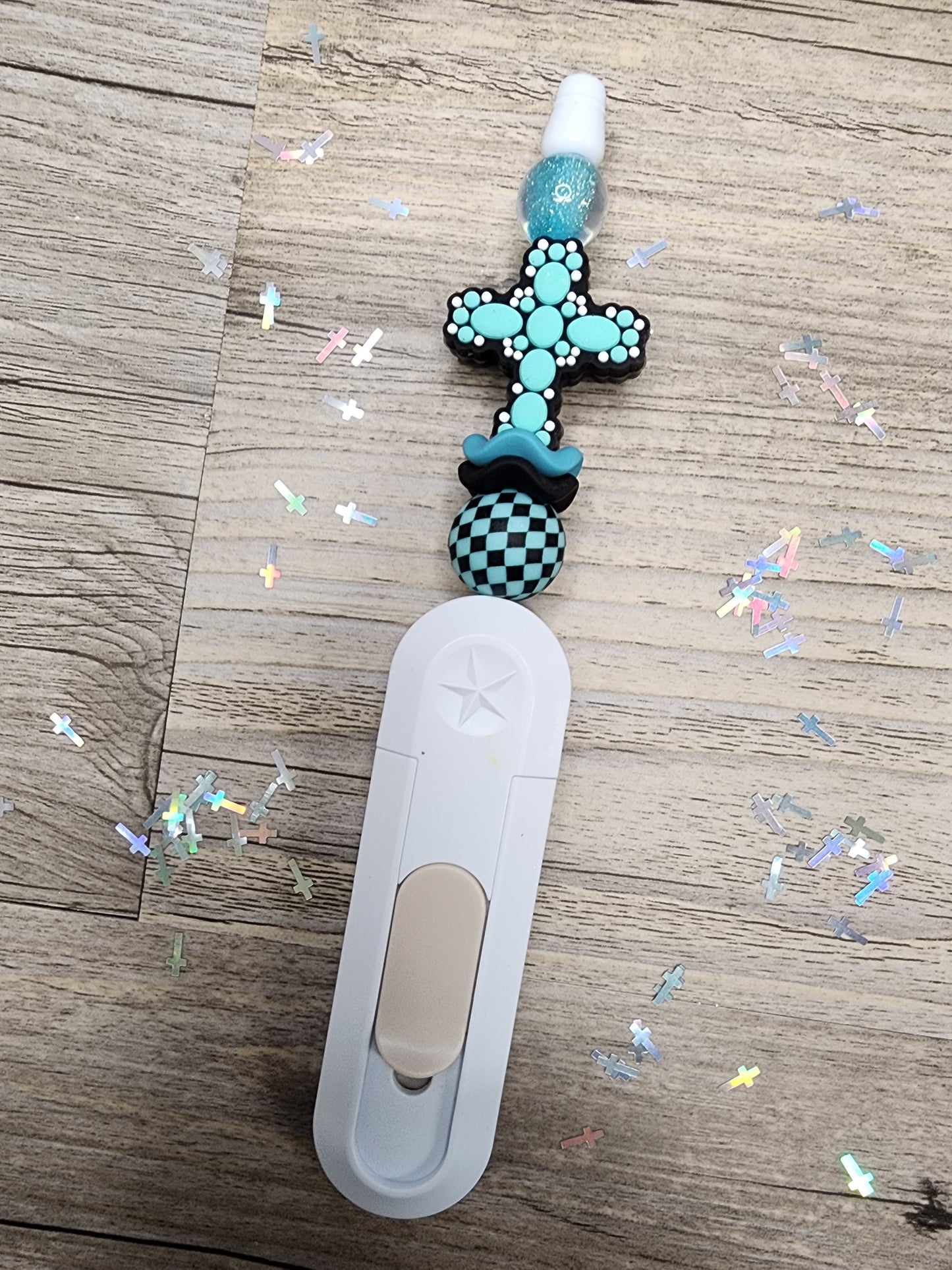 Beaded Box Cutter - White Handle with Teal Cross Focal