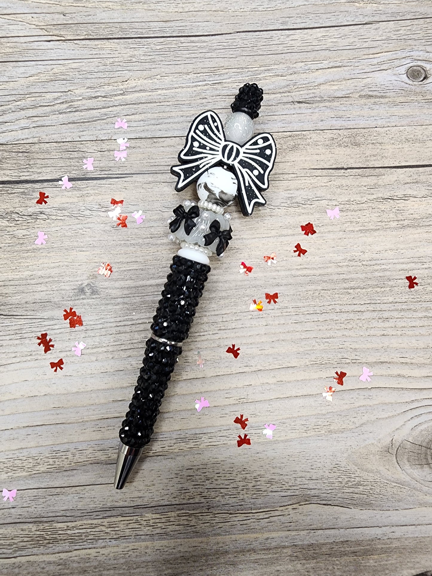 Black Rhinestone Pen - Black & White Bow Focal