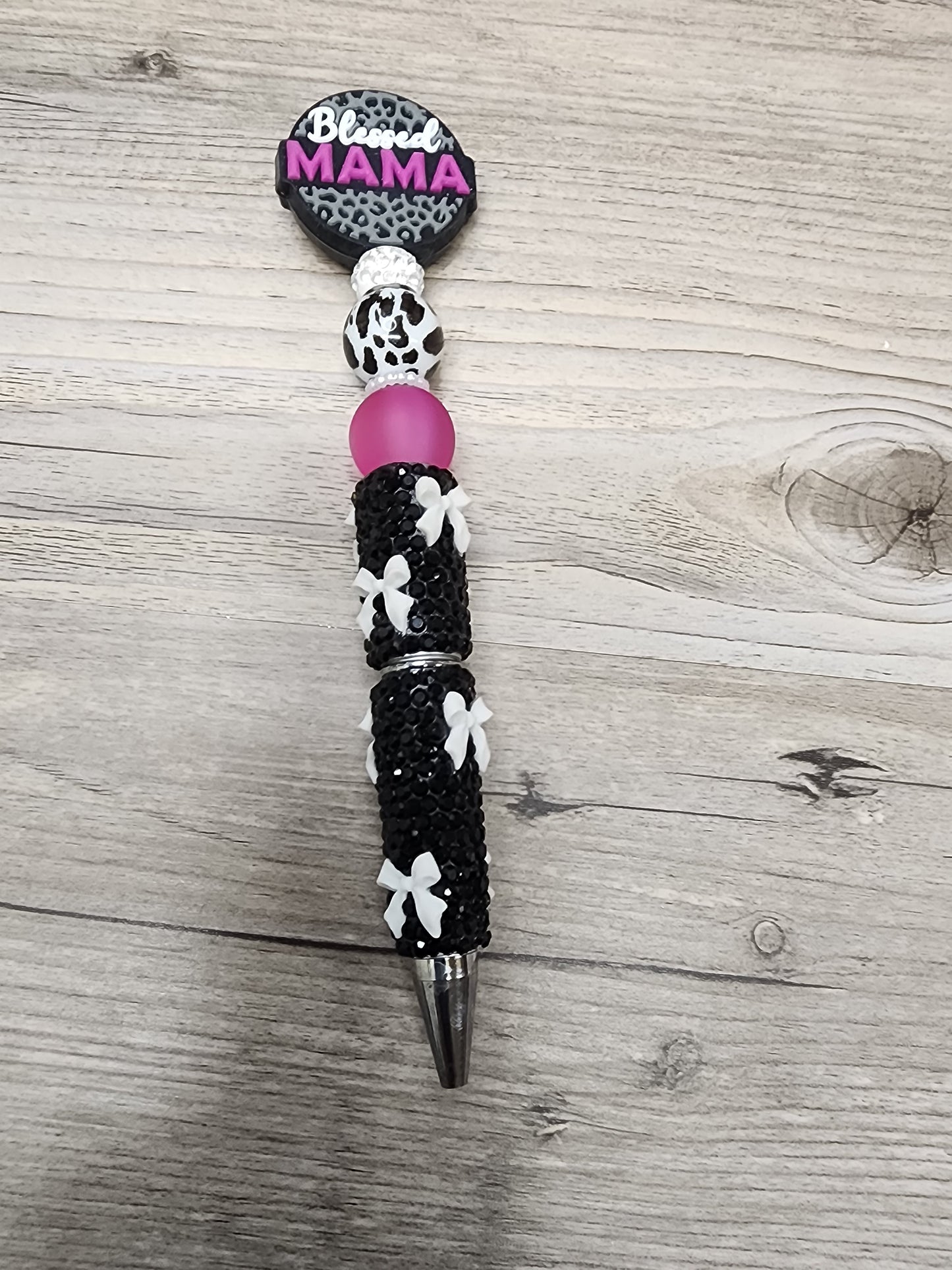 Black Rhinestone Blessed Mama Pen with White Bows