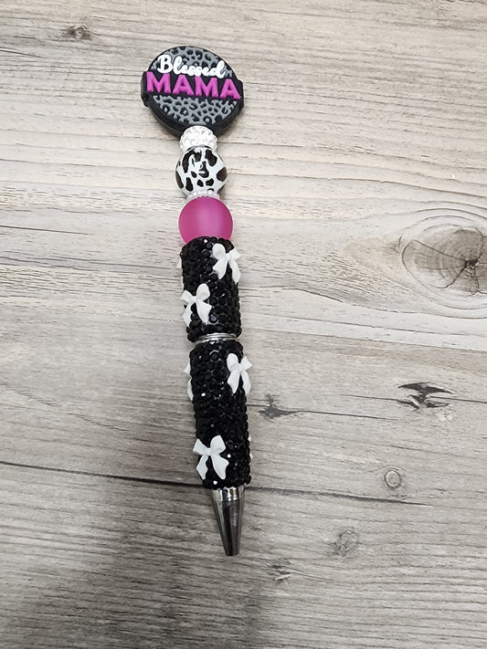 Black Rhinestone Blessed Mama Pen with White Bows