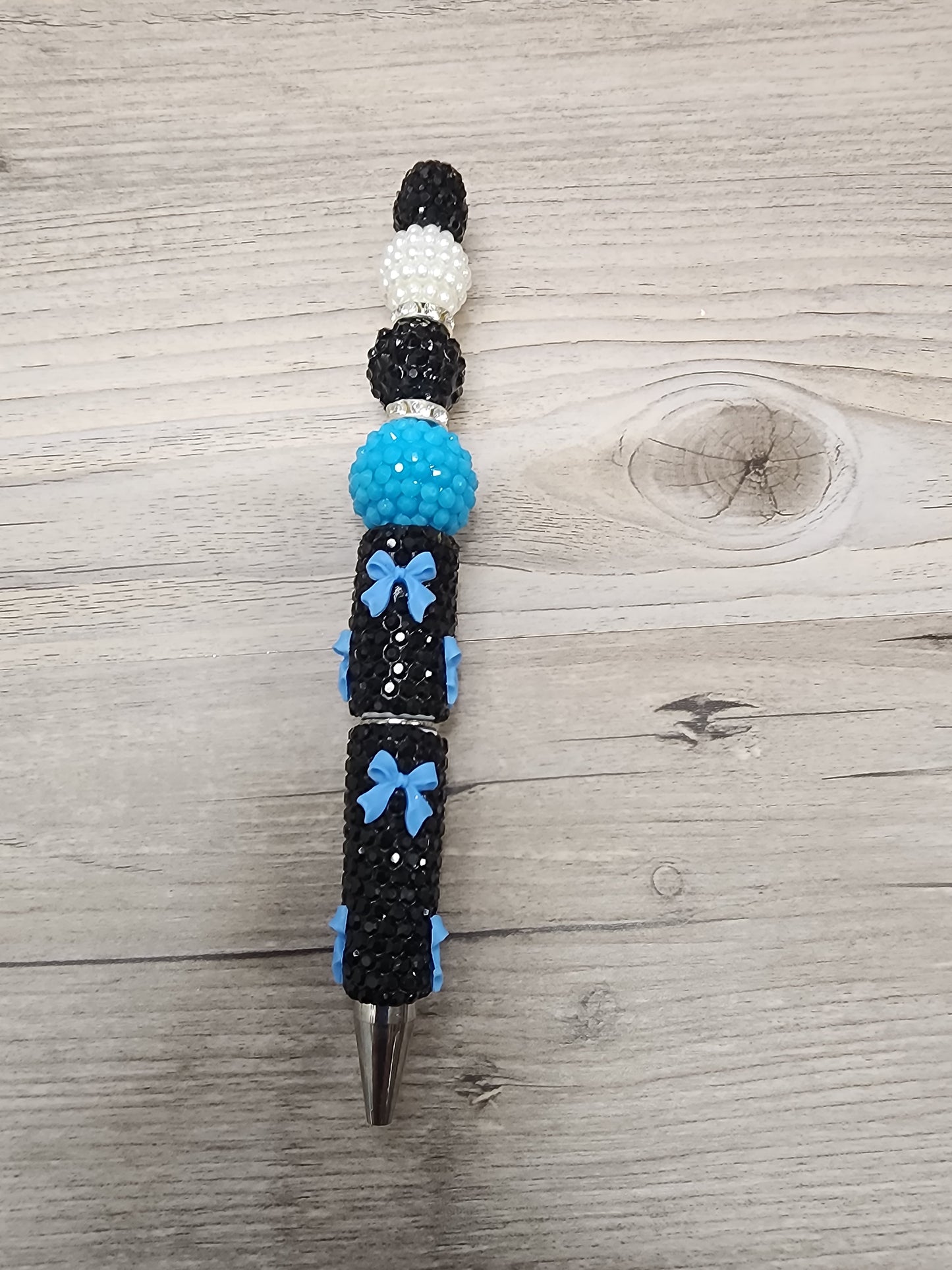 Black Rhinestone and Blue Bow Pen