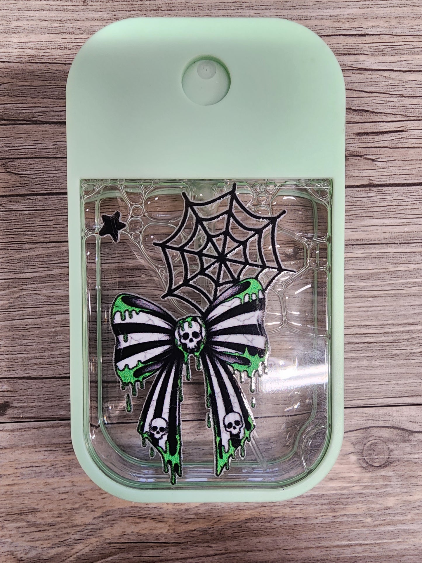 Premade Custom Hand Sanitizer Spray Bottle - Mint Green with Bow and Web