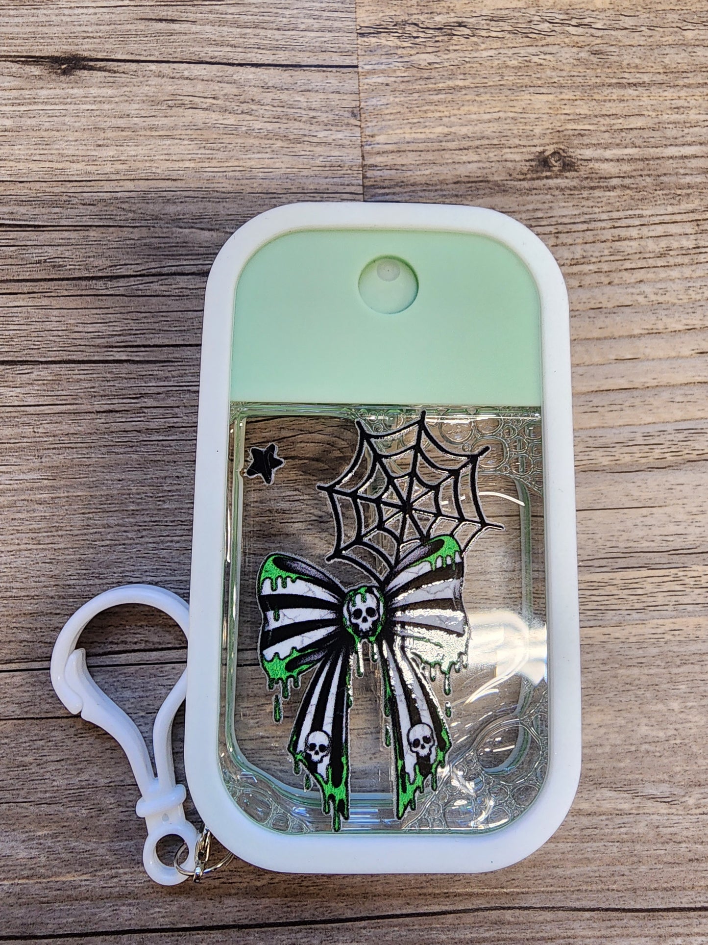 Premade Custom Hand Sanitizer Spray Bottle - Mint Green with Bow and Web