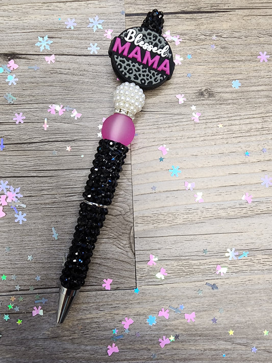 Blessed Mama Pen - Black Rhinestone