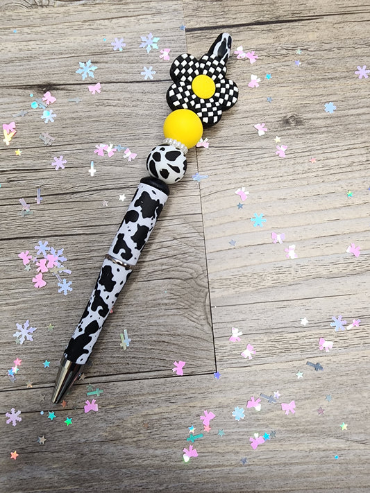 Cow Print Pen - Black & White Checkered Flower
