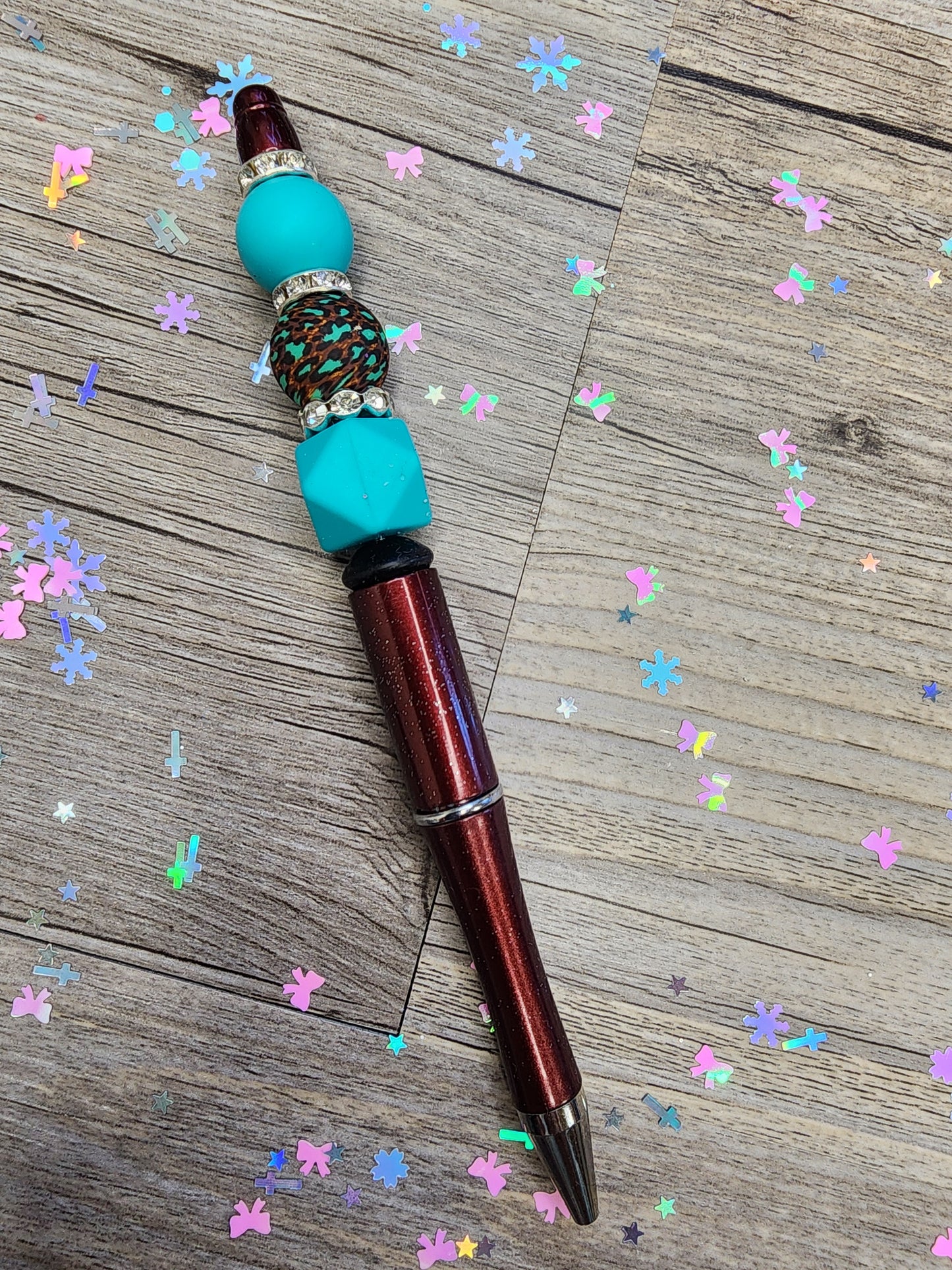 Burgundy Pen with Teal and Brown Beads