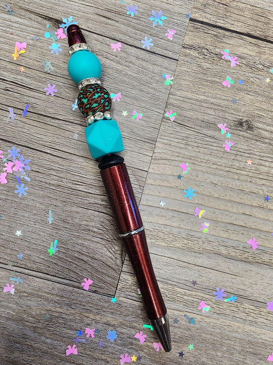 Burgundy Pen with Teal and Brown Beads