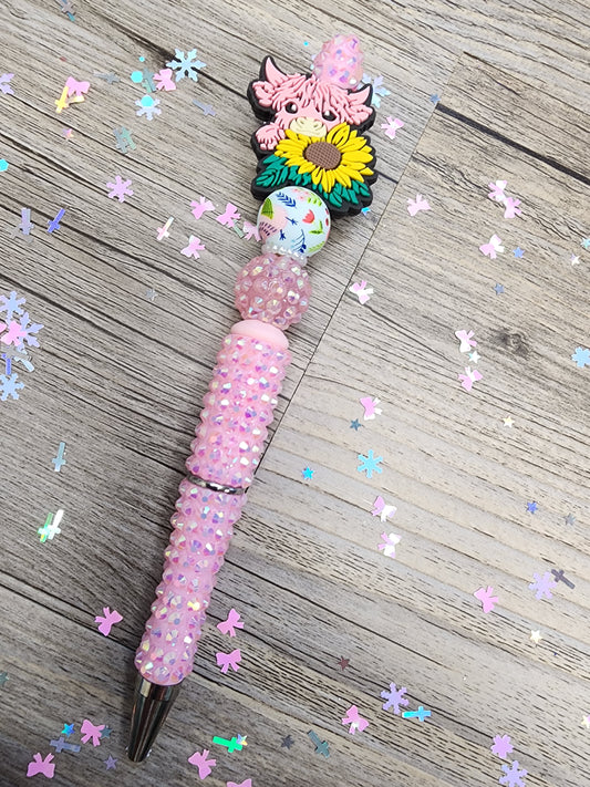Pink Highland Cow Pen with Sunflower