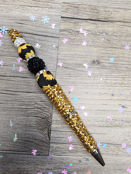 Gold Rhinestone Pen with Sunflower Beads