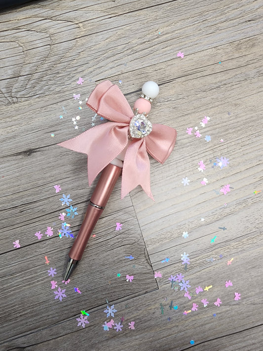 Metallic Pink Pen with Rhinestone Heart Bow
