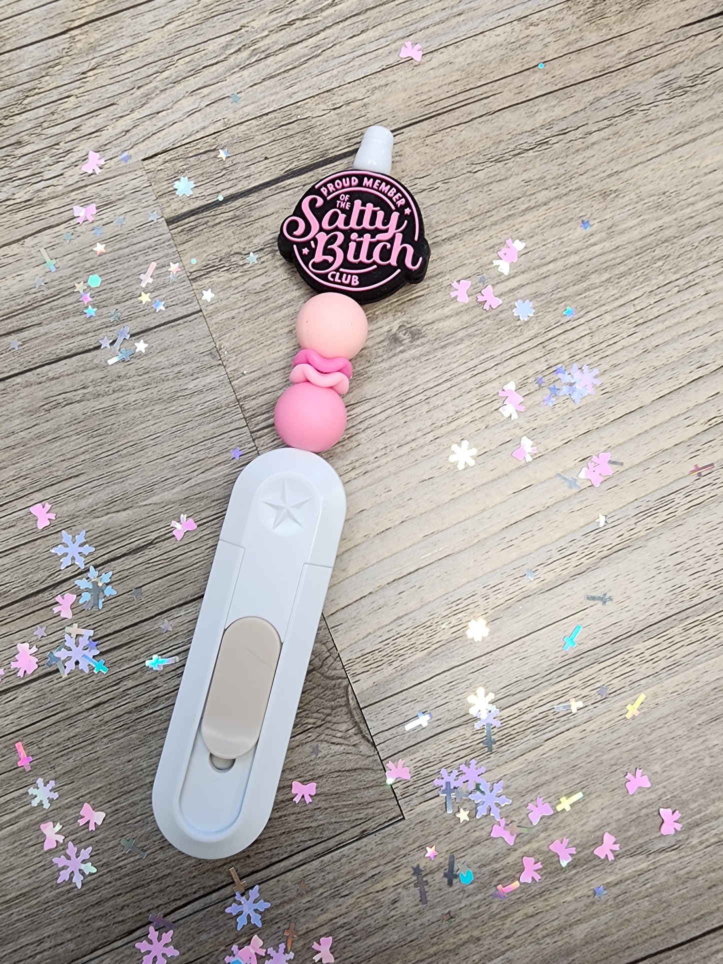 Beaded Box Cutter - White Handle with Pink Salty Bitch Focal