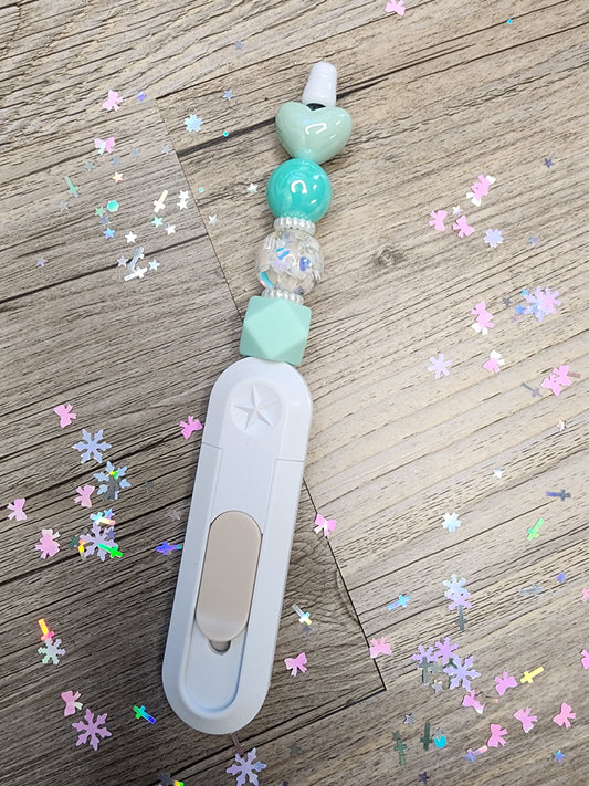 Beaded Box Cutter - White Handle with Teal & Hearts