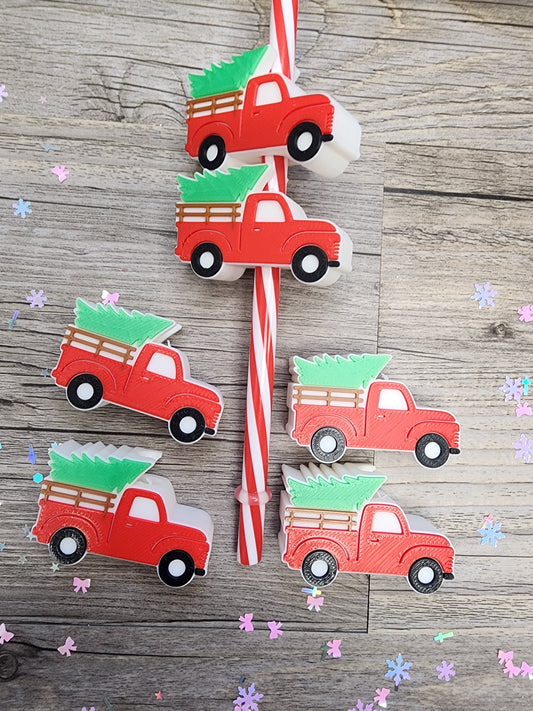 Red Plastic Truck with Christmas Tree Straw Topper