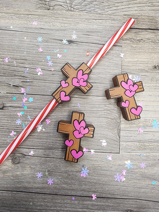 Plastic Brown Wooden Crosses with Pink Heart Straw Topper