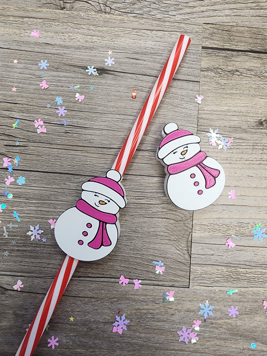 Plastic Snowman with Pink Scarf and Hat Straw Topper
