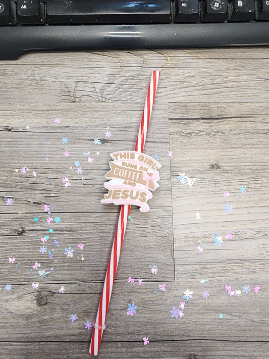 Hard Plastic Straw Topper - This Girl Runs on COFFEE AND JESUS