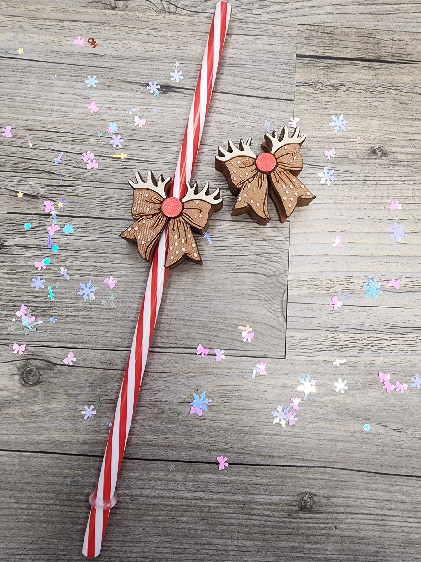 Hard Plastic Brown Reindeer Bow Straw Topper