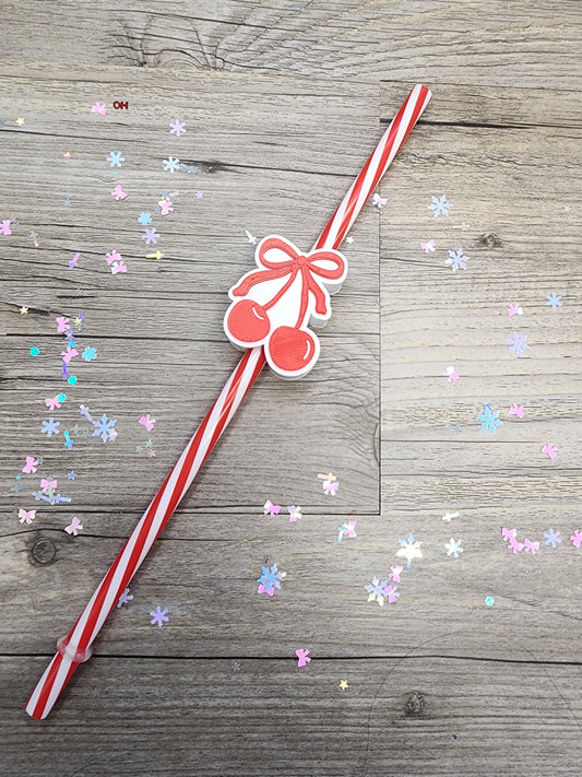 White Bow with Bright Red Cherries Hard Plastic Straw Topper