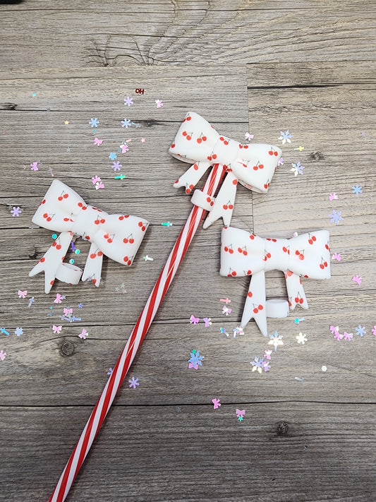 White with Cherries Silicone Bow Straw Topper