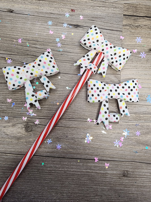 White with Multicolor Polka Dots Silicone Bow Straw Topper