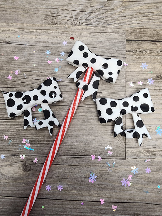 Black and White Polka Dot Silicone Bow Straw Topper