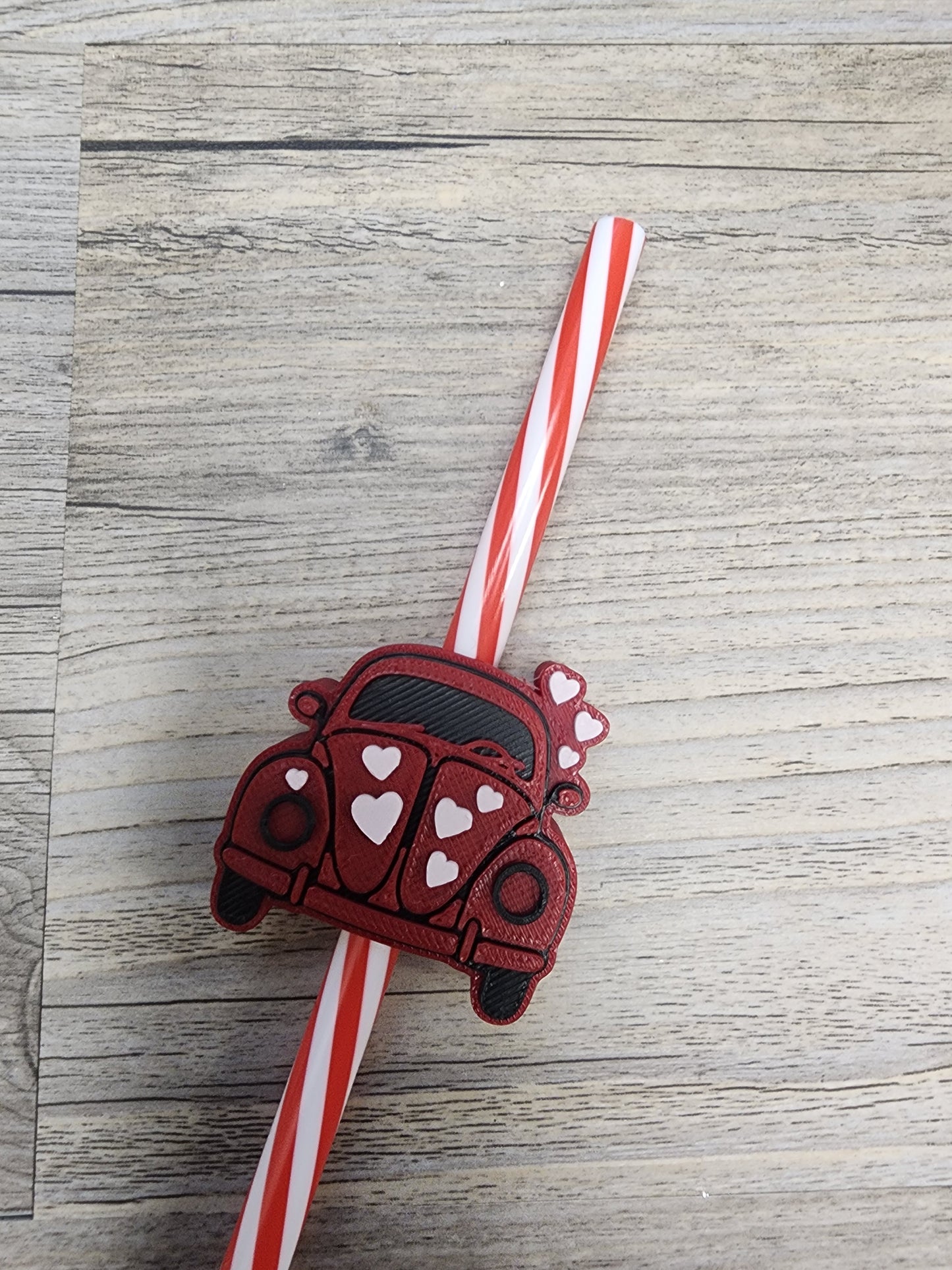 Plastic Red VW Wagon Bug with Pink Hearts Straw Topper
