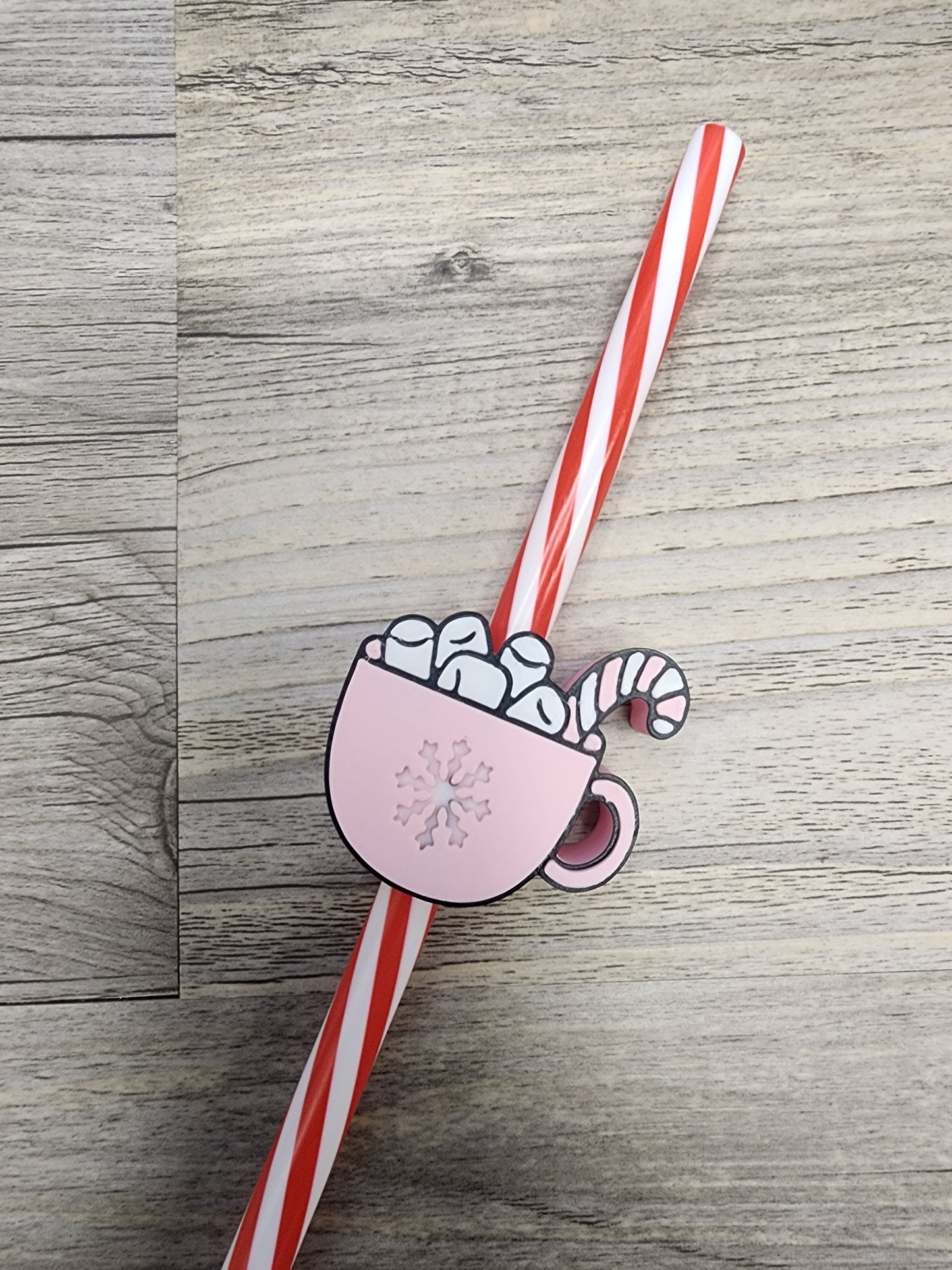 Plastic Pink Hot Cocoa with Candy Cane Straw Topper