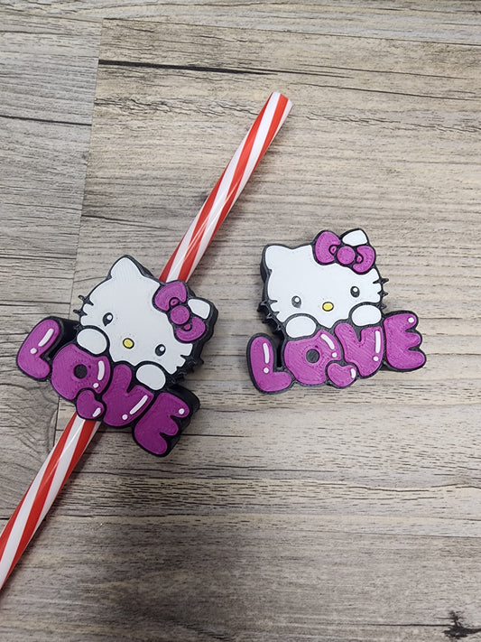 Plastic Hello Kitty with 'LOVE' in Purple Straw Topper