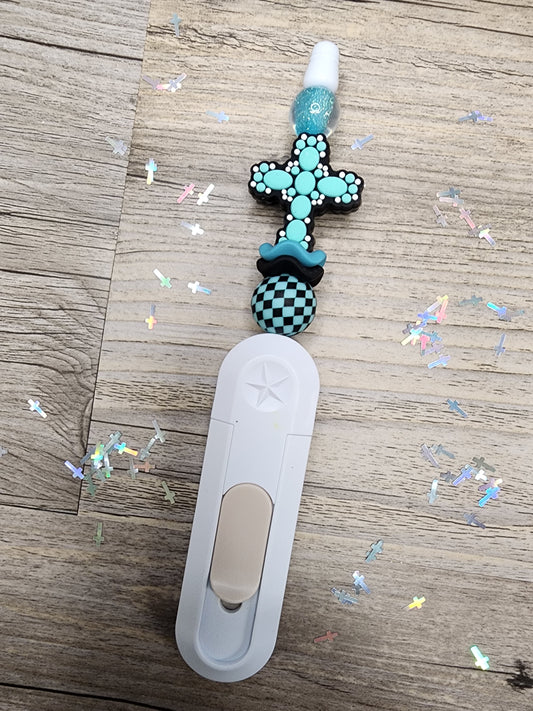 Beaded Box Cutter - White Handle with Teal Cross Focal