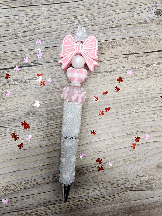 White Bubble Pen with Hearts - Pink Checkered & Bow Beads