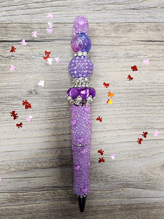 Lavender Pen with Hearts - Purple Rhinestone & Iridescent Beads