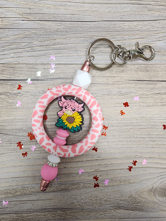 Pink and White Silicone Highland Cow Keychain
