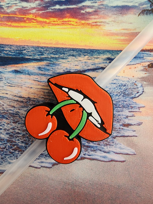 Hard Plastic Red Lips with Cherries Straw Topper