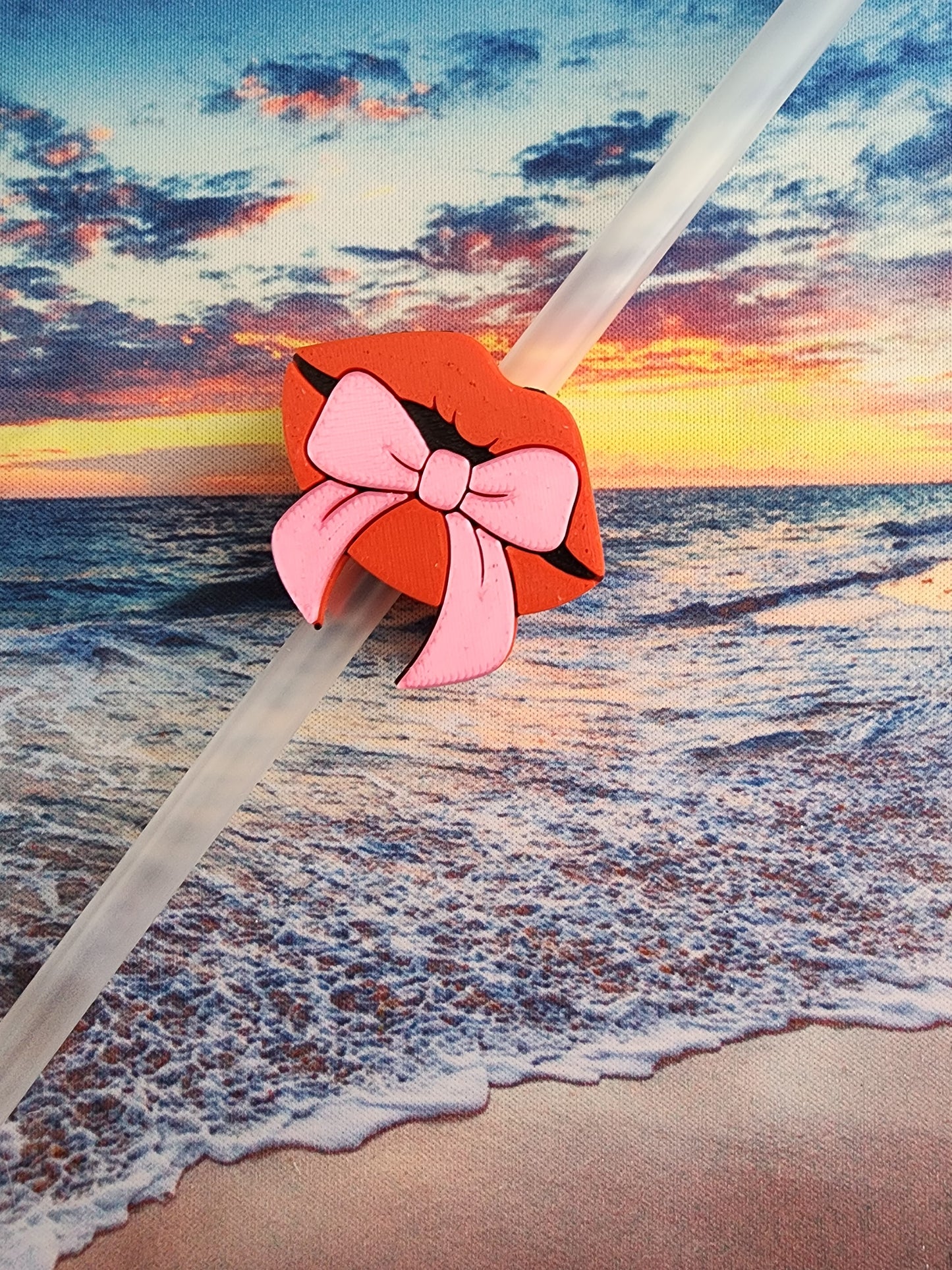 Hard Plastic Red Lips with Pink Bow Straw Topper