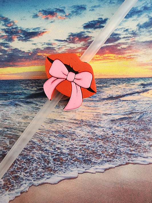 Hard Plastic Red Lips with Pink Bow Straw Topper