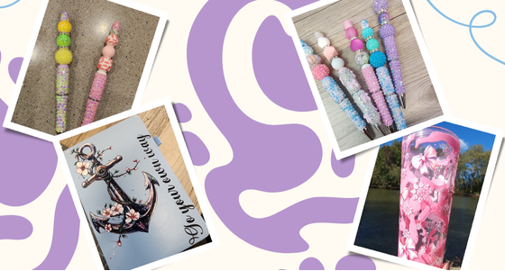 Collage of colorful pens and stationery items on a decorative background